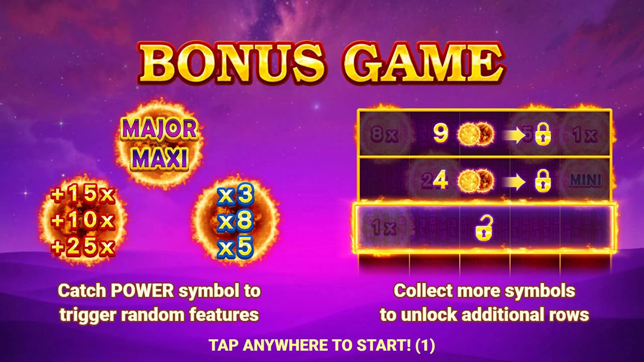 Sun of Egypt 5 Bonus Game ekrani — Power Symbol mexanikasi va qatorlarni ochish tizimi