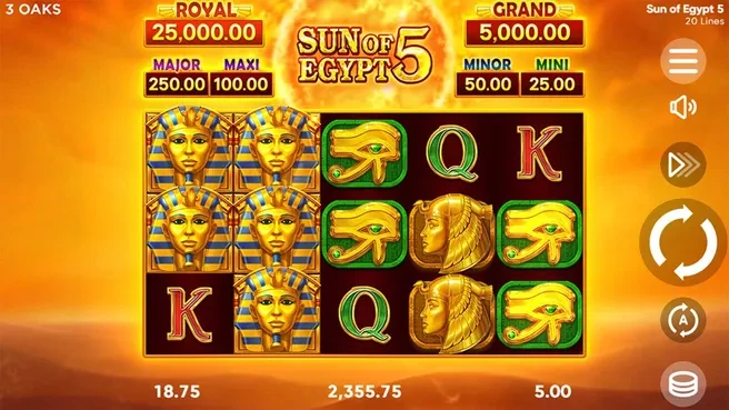 Sun of Egypt 5 geymplеy ekrani — 5x3 toʻr, Grand 5000 jekpot koʻrsatkichlari