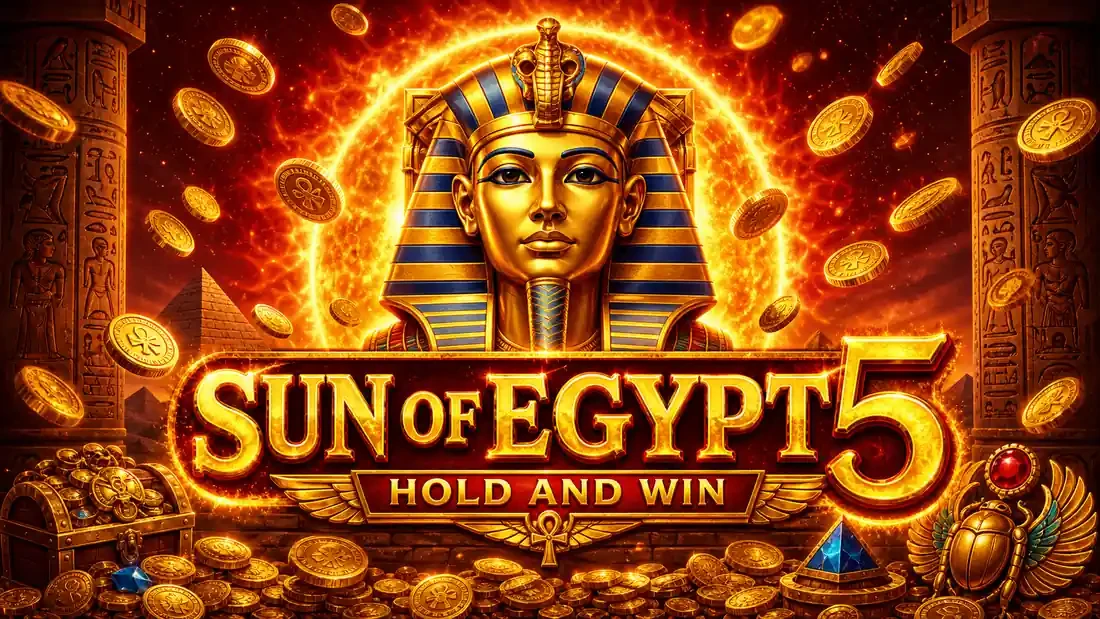 Sun of Egypt 5 Hold and Win — slot ekrani, Misr fir'avni va oltin tangalar