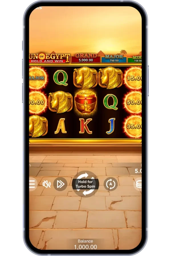 Sun of Egypt 5 mobil versiyasi — iPhone ekranida Hold and Win bonus oʻyini